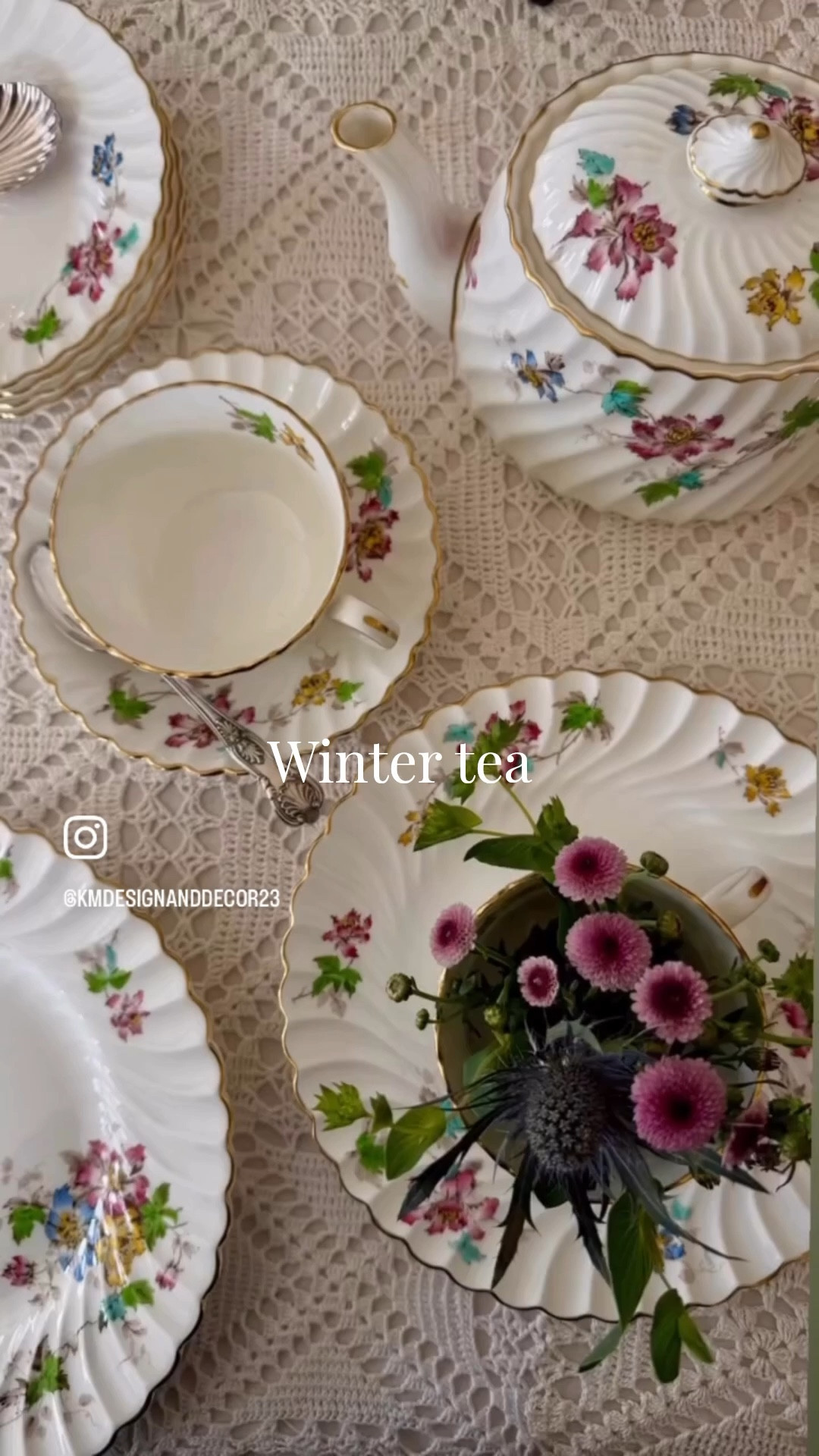 A sunny winter afternoon spent drinking tea, eating tea sandwiches, scones and small desserts.  What could be a better reason to gather with friends or family? Perfect excuse to bring out various grandma’s china, tablecloth, silver, & crystal to create this tablescape. 


#WinterTeaTimeTablesTFSJan8
#tea #tealovers #grandmasteaset 
tea time | sunday tea | tea party | table setting | antique tablescapes | wintertime | gathering | grandmacore | collected home | inherited china cabinet