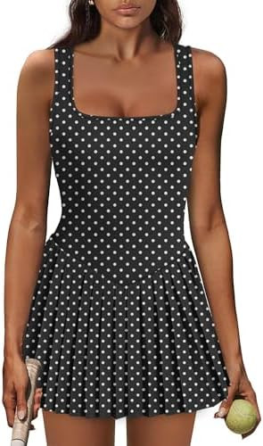 Athletic Dress for Women Built in Shorts U Neck Womens Tennis Dress Pleated with Pockets Sleevele... | Amazon (US)