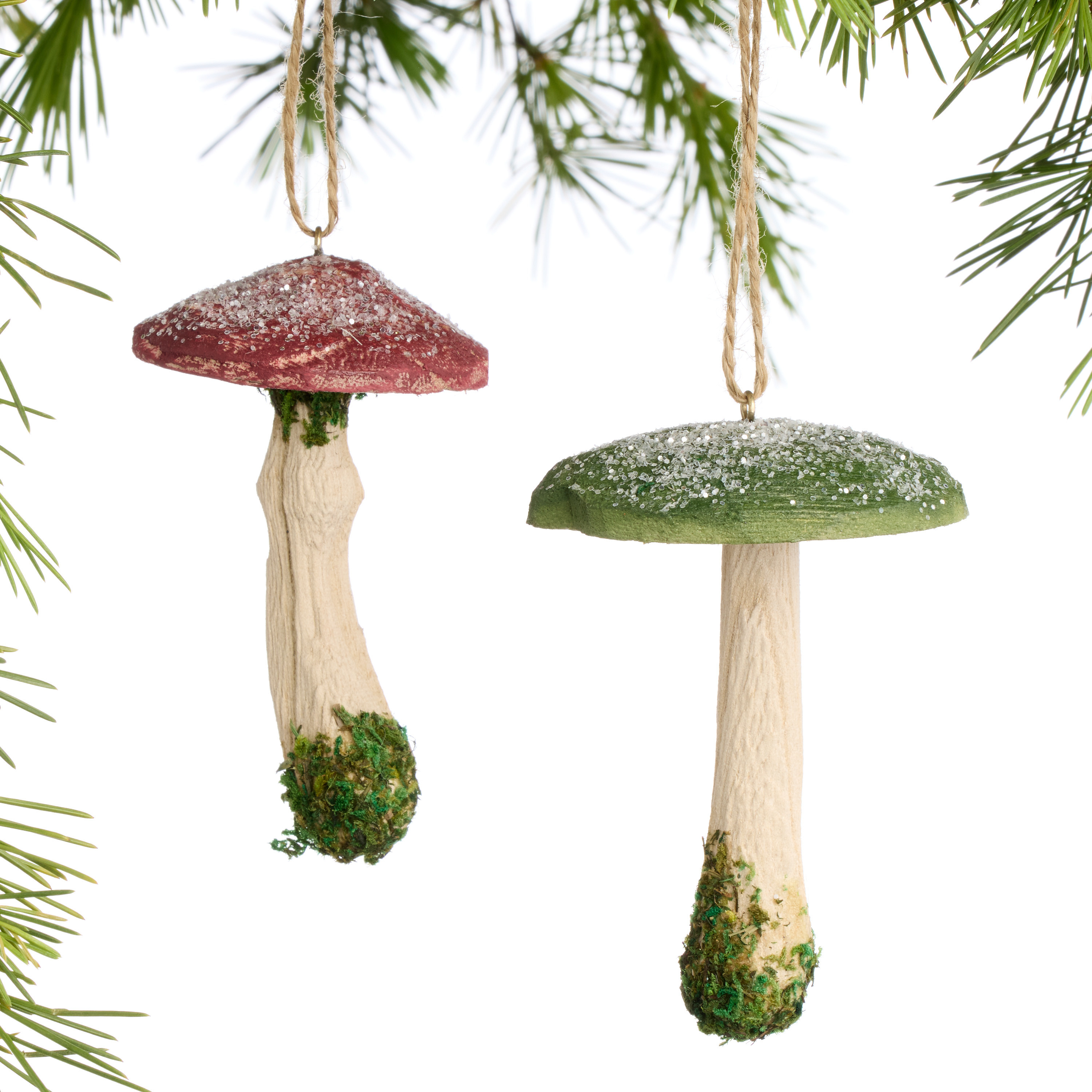 Wood Mushroom with Moss Ornaments Set of 2 | World Market