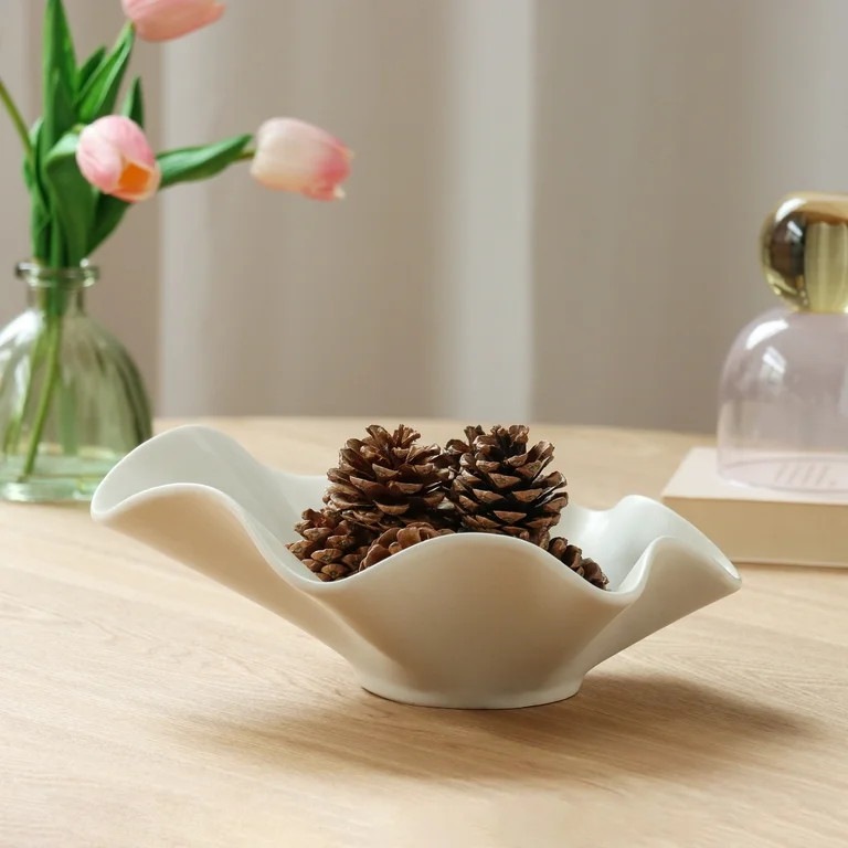 Home Decor Collection Ruffle Shaped Off-White Ceramic Indoor Tabletop Decorative Bowl | Walmart (US)