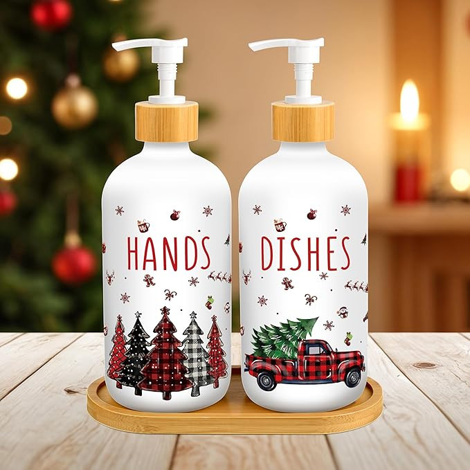 Christmas Soap Dispenser Buffalo Plaid Tree Truck Glass Soap Container with Pump and Tray Refilla... | Amazon (US)