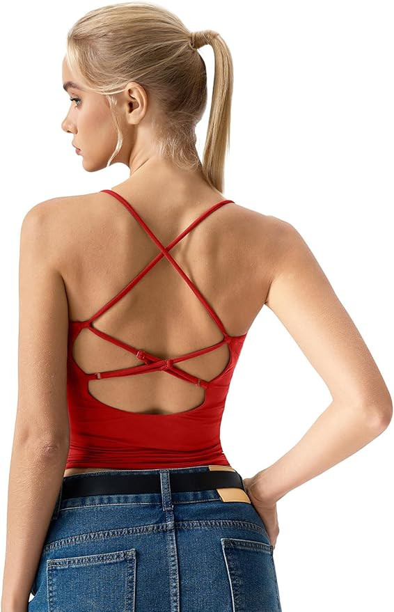 QINSEN Womens Cross Back Tank Top V Neck Double Lined Camisole Top Sleeveless Spaghetti Strap Goi... | Amazon (US)