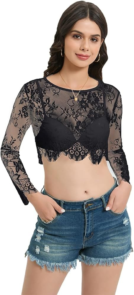 Women's Lace Short Top Scoop Neck Long Sleeve Slim T Shirt Sexy See Through Mesh Crop Top Soft La... | Amazon (US)