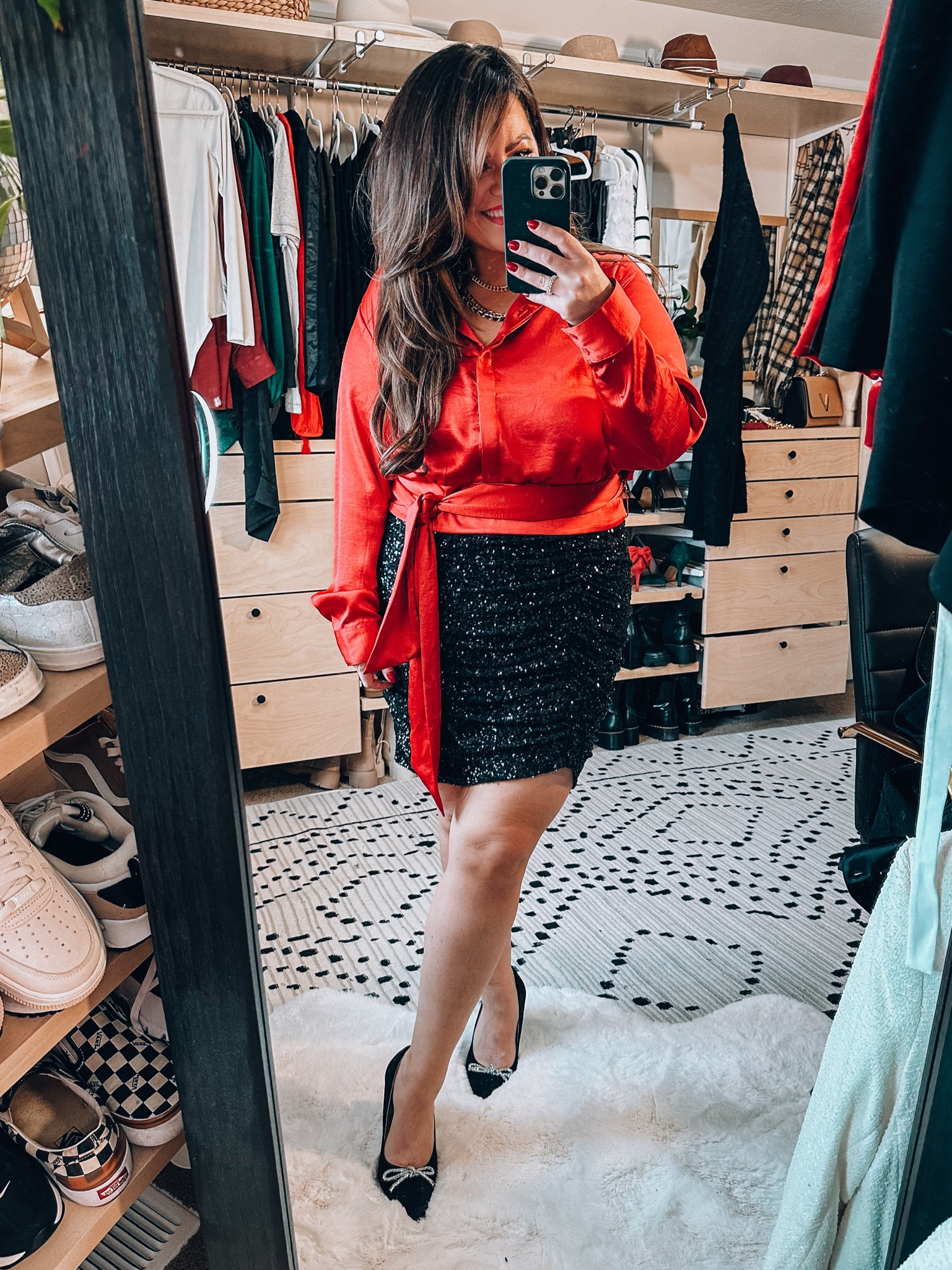 Midsize Holiday outfit inspo 
Red satin blouse xl (could have done a large) 
Stretchy sequin skirt tts 


#LTKSeasonal #LTKHoliday #LTKcurves