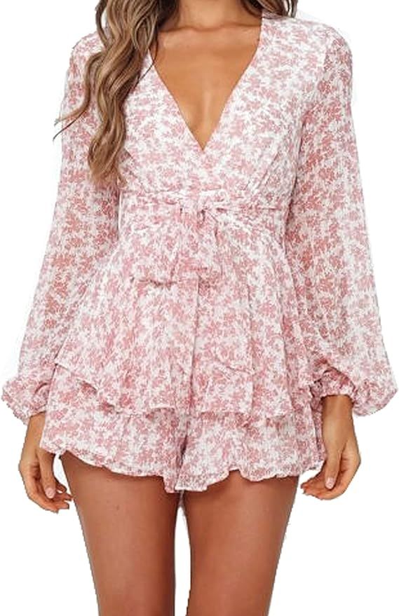 Murimia Women's Summer V-Neck Floral Spaghetti Strap Short Rompers and Jumpsuits | Amazon (US)