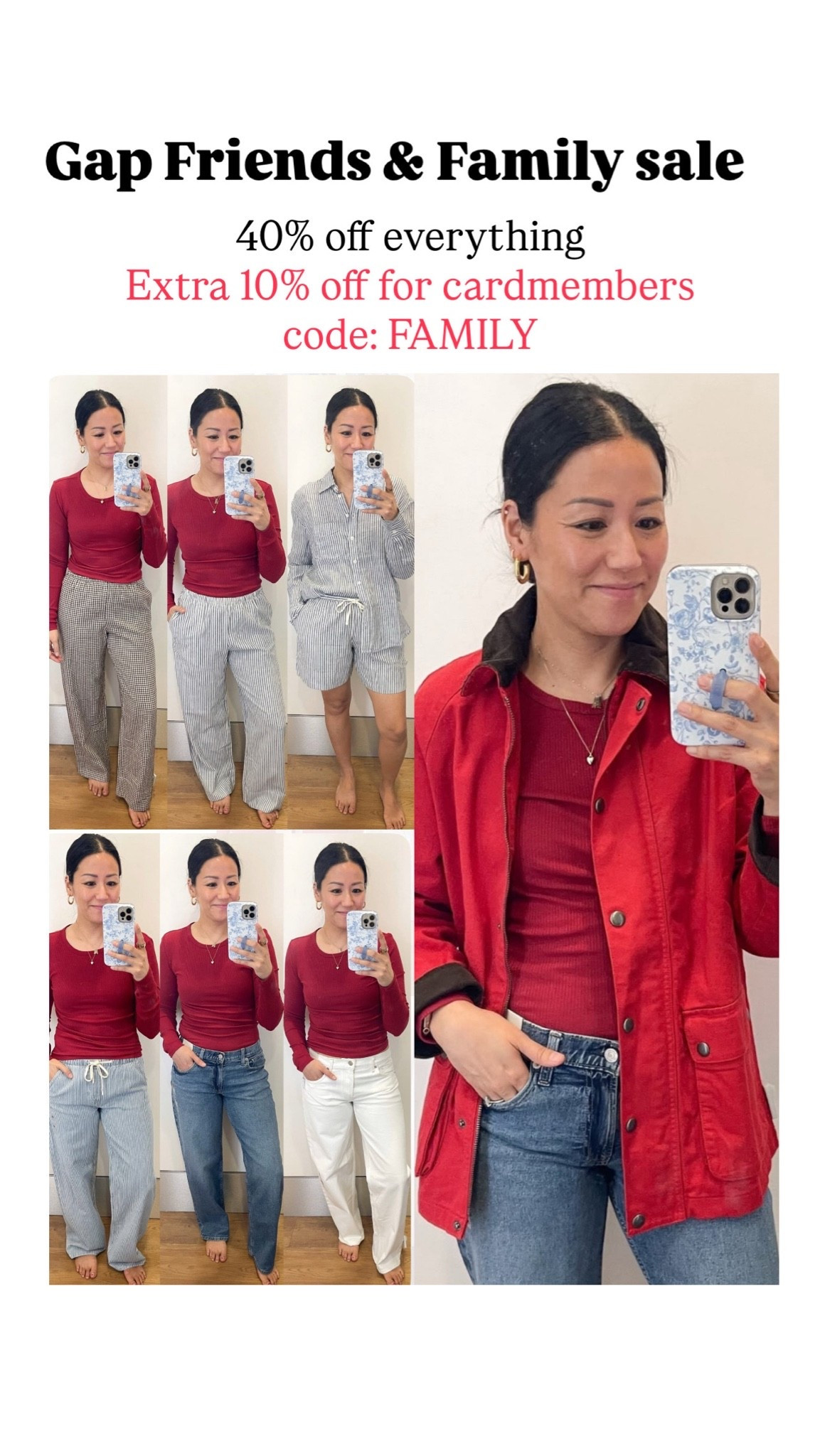 Gap family and friends sale

Size small red top
Size XS gingham and striped pants 
Size XS striped drawstring jeans and size 2 jeans (would prefer small and size 4 for my long torso)
Size XS jacket

#LTKSeasonal #LTKOver40 #LTKSaleAlert