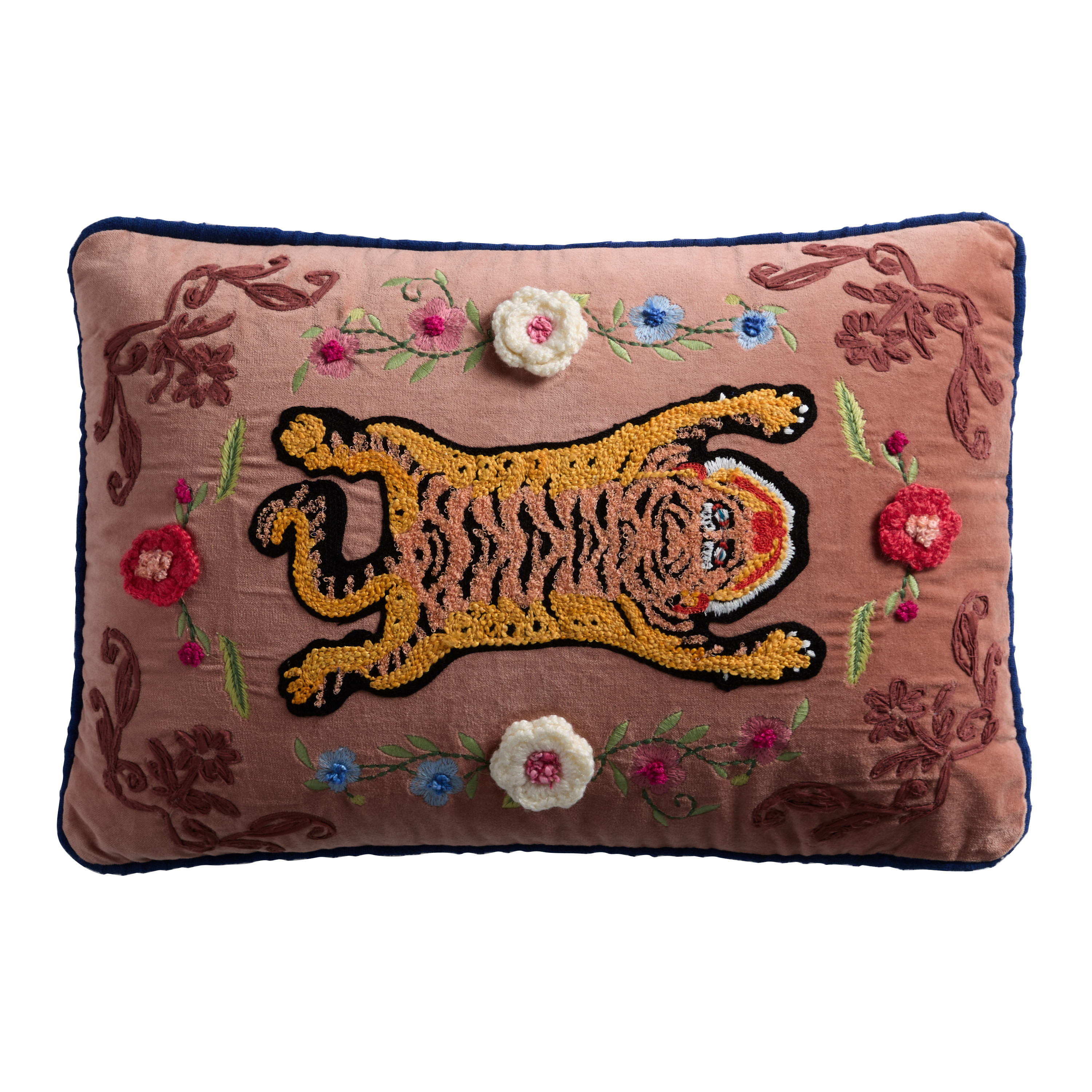 Rose Velvet Floral Tiger Embroidered Lumbar Pillow | World Market