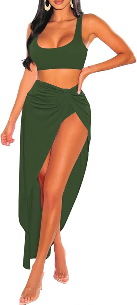 Pink Queen Women's 3 Pieces Crop Top High Waisted Bikini Twist Ruched Swimsuit Cover Up Sarongs L... | Amazon (US)
