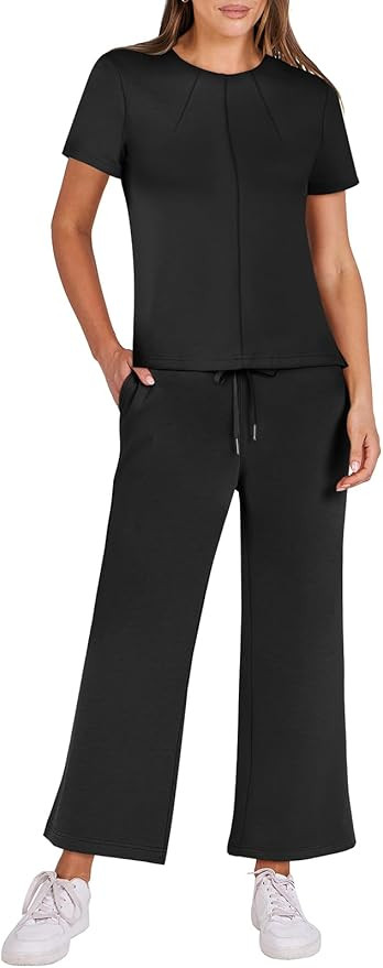 ANRABESS Women's 2 piece Outfits Lounge Sets Summer Casual Short Sleeve Sweatsuits Wide Leg Pants... | Amazon (US)