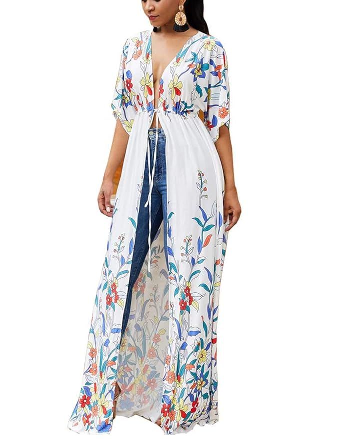 FINCATI Women Bikini Swimsuit Beachwears Cover Ups Long Sheer Kimono Outfit Floral Printed Rayon ... | Amazon (US)