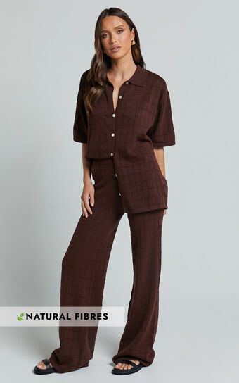 Tommy Two Piece Set - Knit Button Through Top and Pants Two Piece Set in Chocolate | Showpo (US, UK & Europe)