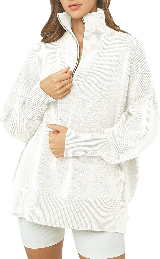 LOGENE Women's 1/4 Zipper Sweatshirt Long Sleeve Oversized Slit Side Knit Pullover Sweaters | Amazon (US)