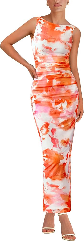 MASCOMODA Womens Bodycon Summer Dresses 2025 Sleeveless Floral Mesh Maxi Dress Side Slit Ruched L... | Amazon (US)