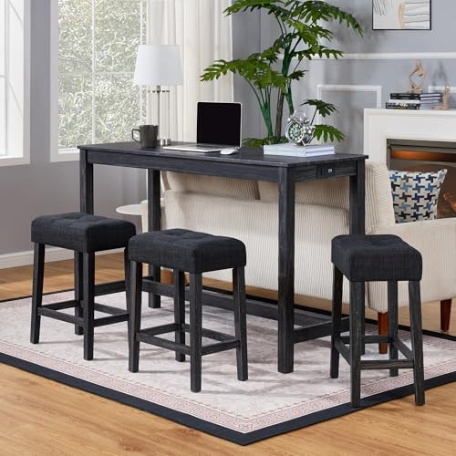 DUHOME 4 Piece Bar Table Set with Power Outlet,Industrial Breakfast Table with 3 Padded Stools Solid Wood Counter Height Dining Table Set for Living Room, Dining Room Dark Grey | Amazon (US)