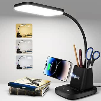 Desk Lamp, LED Desk Lamps for Home Office, Wireless Charger Small Desk Lamp with Pen Holder, 3 Co... | Amazon (US)