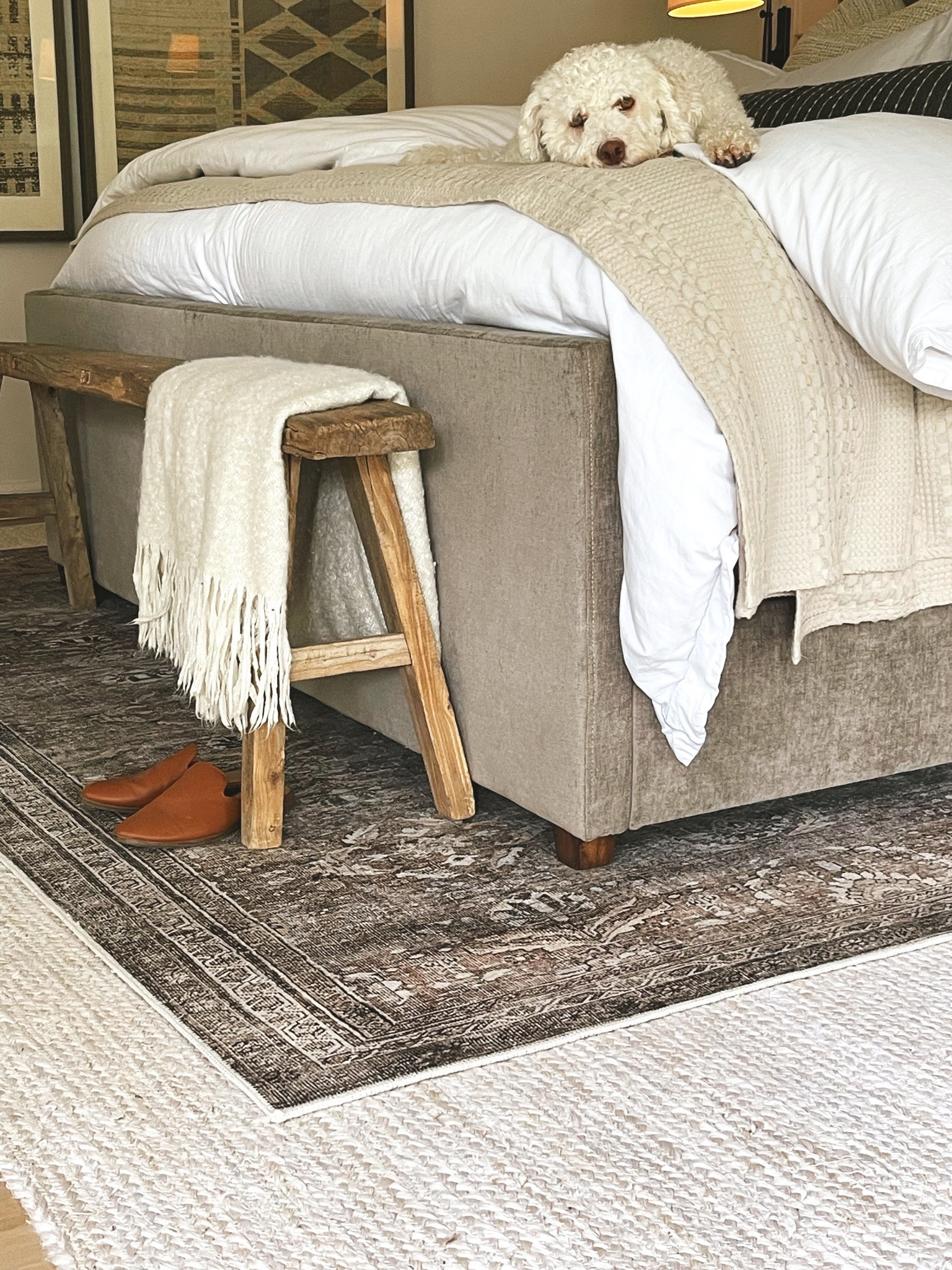 Layered rugs, bedroom rugs, master bedroom, bedroom inspo, upholstered bed, vintage bench, Loloi rug #bedroom #masterbedroom 

#LTKSeasonal #LTKhome #LTKstyletip