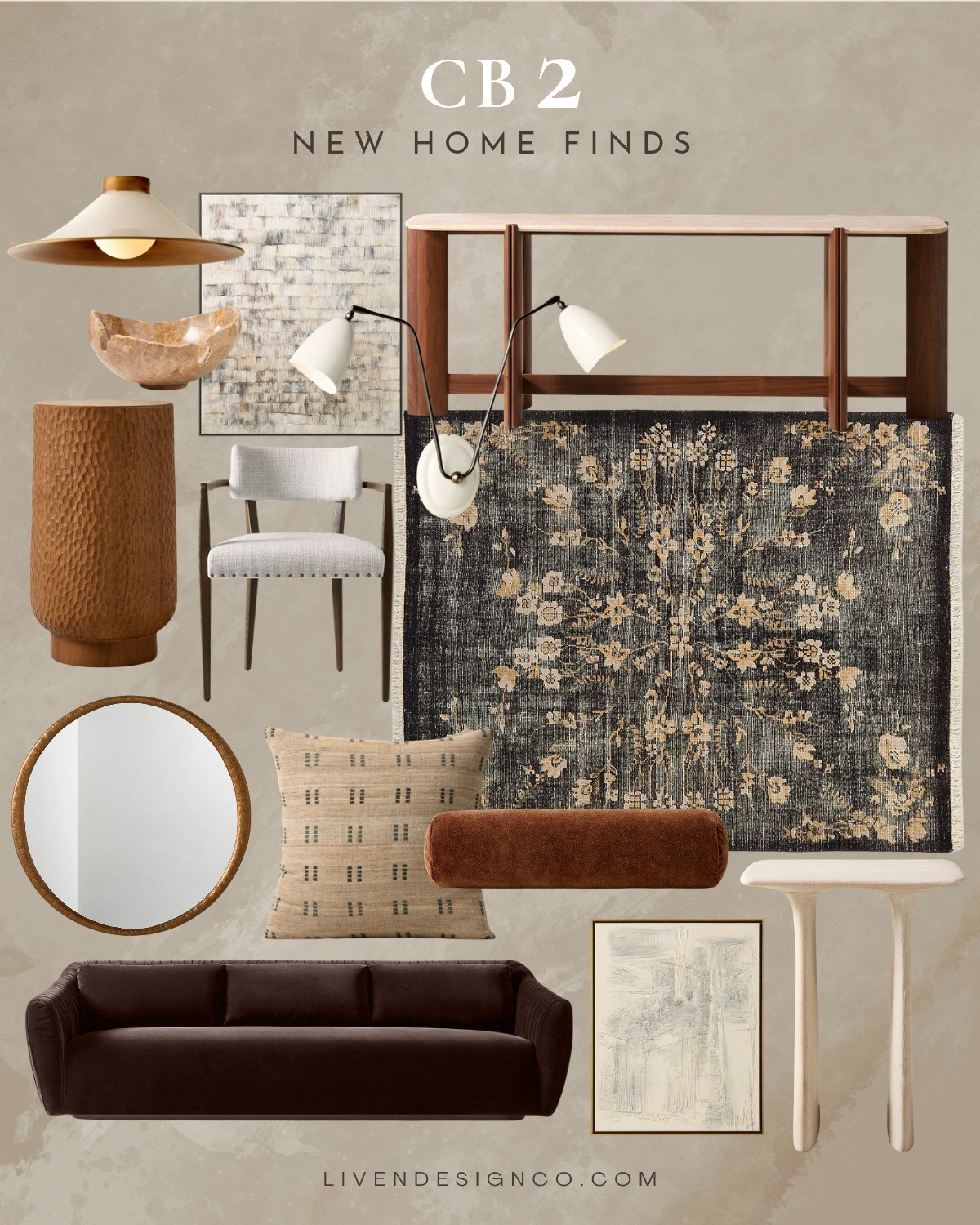 Cb2.  Home decor. Velvet throw pillows. Brass mirror. Living room. Velvet sofa. Dining chair. Wall art. Abstract art. Modern art. Wall sconces. Flush mount. Side table. Oak side table. Drink table. 

#LTKSeasonal #LTKHome #LTKSaleAlert