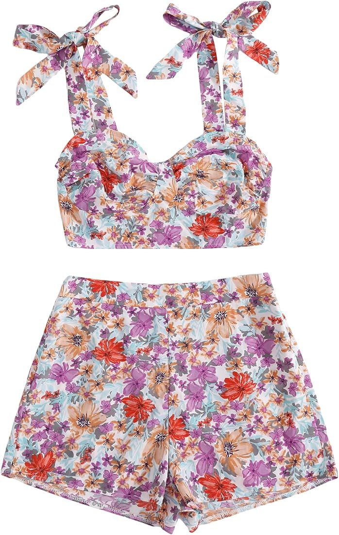 OYOANGLE Women's Boho 2 Piece Floral Print Knot Shoulder Cami Crop Tops and Shorts Set | Amazon (US)