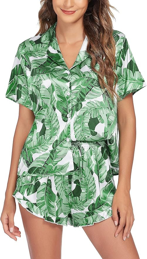 Hotouch Pajama Set For Women Satin Silk Button Up Short Sleeve Notch Collar Soft Pj Lounge Sets S... | Amazon (US)
