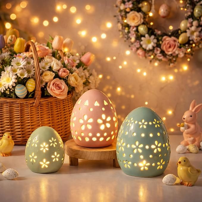 3 Pcs Easter Decorations Ceramic Lighted Easter Egg Farmhouse Rustic Different Sizes Hollow Eggs ... | Amazon (US)