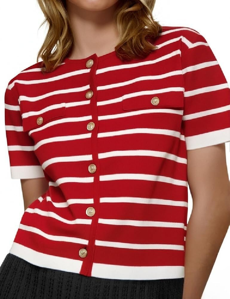 Omoone Womens Striped Cardigan Sweater Short Sleeve Lightweight Summer Button Down Cropped Knit T... | Amazon (US)