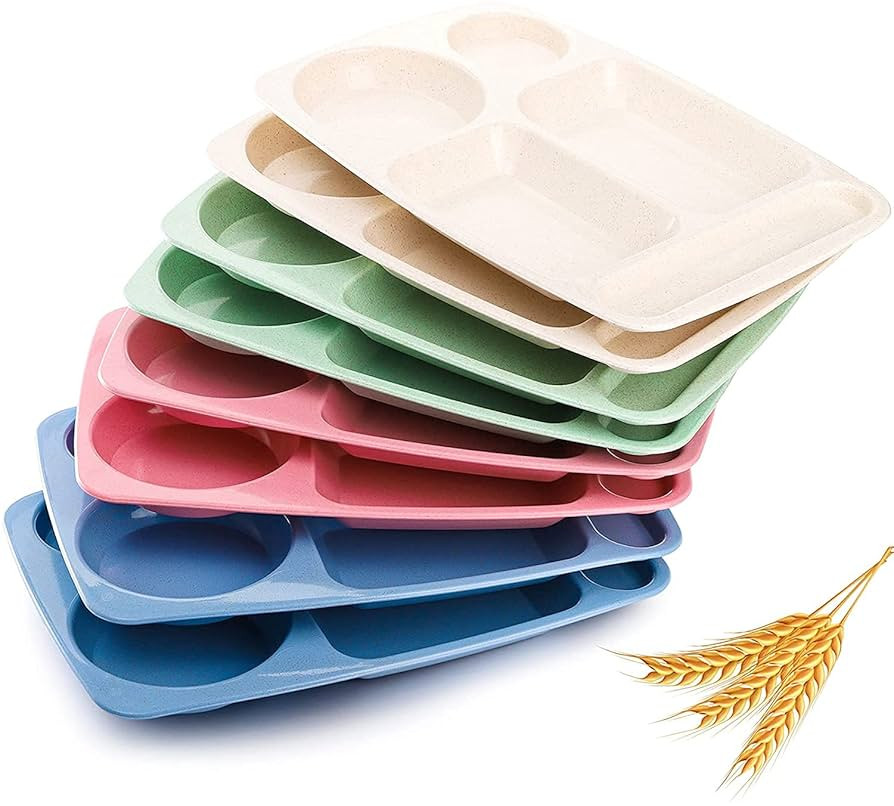 WUWEOT 8 Pack Divided Food Plates, 13.5" Wheat Straw Tray, 5-Compartment Unbreakable Fast Food Tr... | Amazon (US)