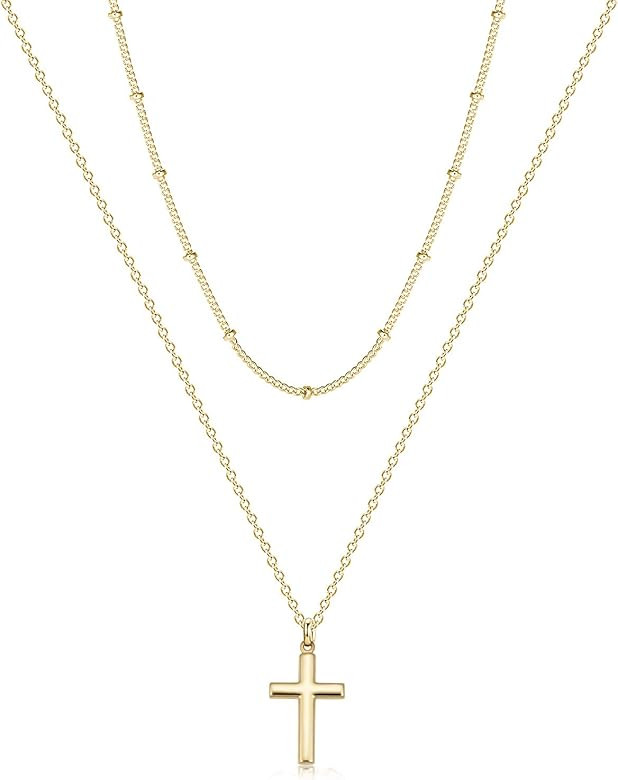 Fettero Cross Necklace Faith Pendant 14K Plated Dainty Chain Minimalist Simple Tiny God Lords Pra... | Amazon (US)