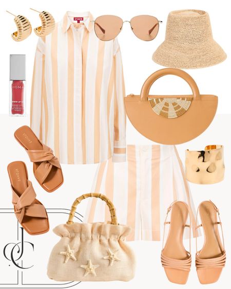 A super cute set that also could be a great poolside cover-up. I love the neutral tones of this look mixed with the striped pattern and texture of the accessories  

Casual outfit, summer outfit, sandals, hat, sunglasses 