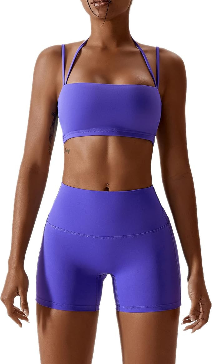 ABOCIW Workout Sets for Women 2 Piece Twist Front Halter Sports Bras High Waist Biker Shorts Exer... | Amazon (US)