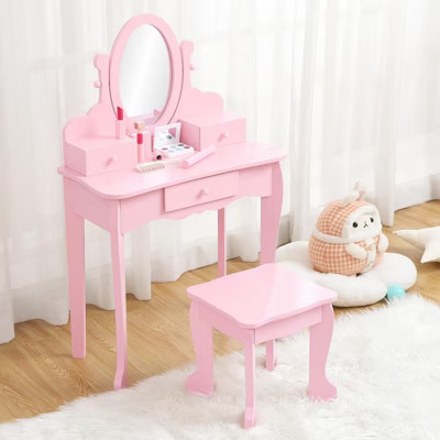Kids Vanity Set with Mirror, Makeup Table and Stool for Girls, Vanity Desk and Chair with Wood Makeup Playset for 4-9 Girls, Pink | Target