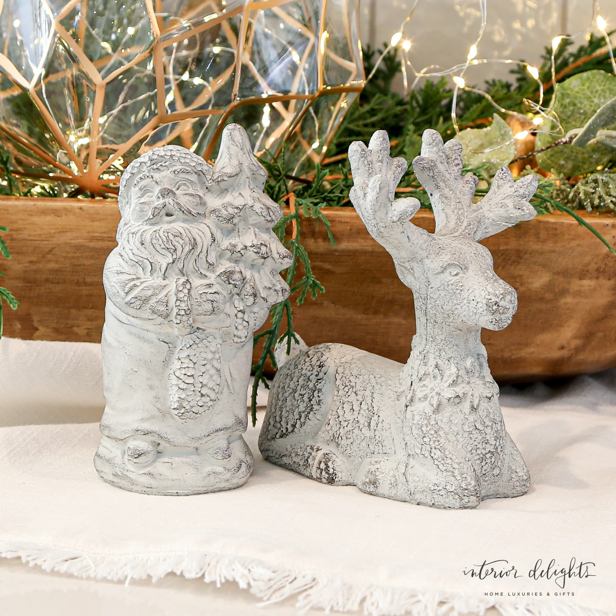 Distressed White Concrete Figures- Reindeer and Santa Set of 2 | Interior Delights