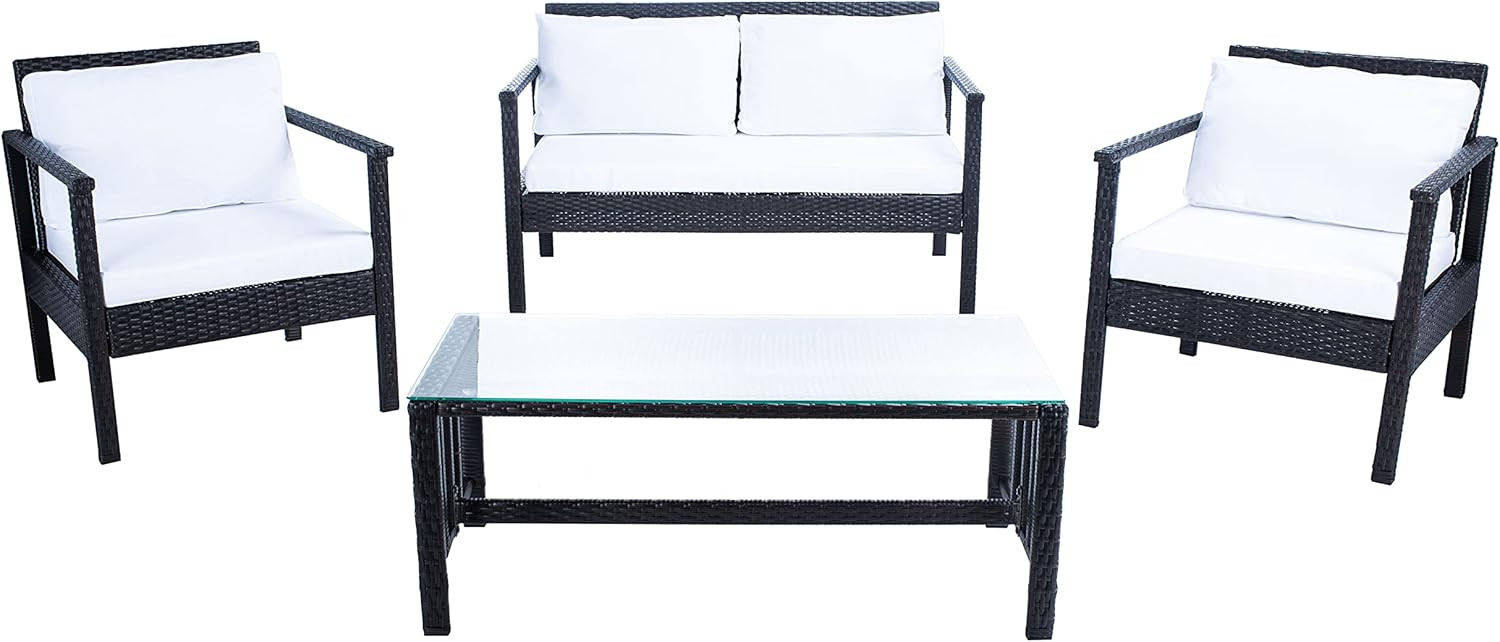 Safavieh Outdoor Collection Garnen Wicker Cushion 4-Piece Living Set PAT7714A, Black/White | Amazon (US)