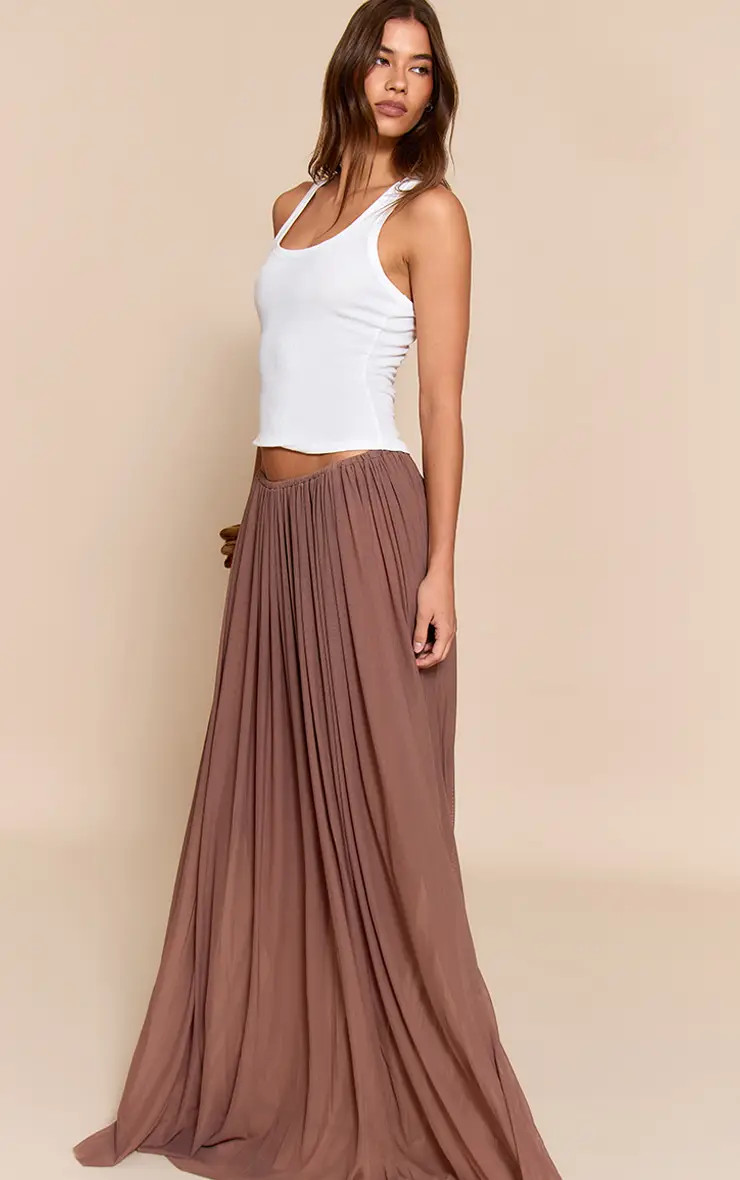 Brown Mesh Drape Maxi Skirt | PrettyLittleThing US
