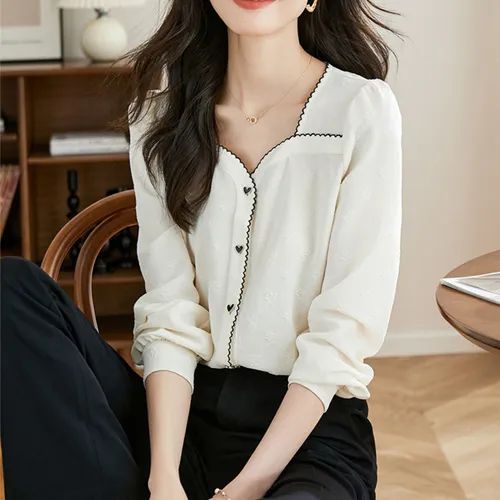 Jeonseon - Long-Sleeve Button-Up Contrast Trim Blouse | YesStyle Global