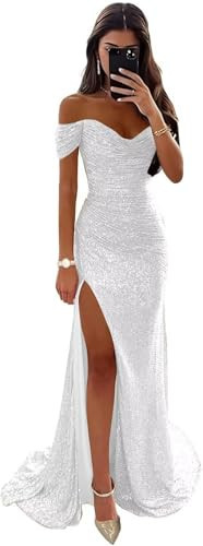 Women's Sweetheart Neck White Prom Dresses with Slit Long Mermaid Ball Gown Off Shoulder Sparkly Sequin Party Dress 22W | Amazon (US)