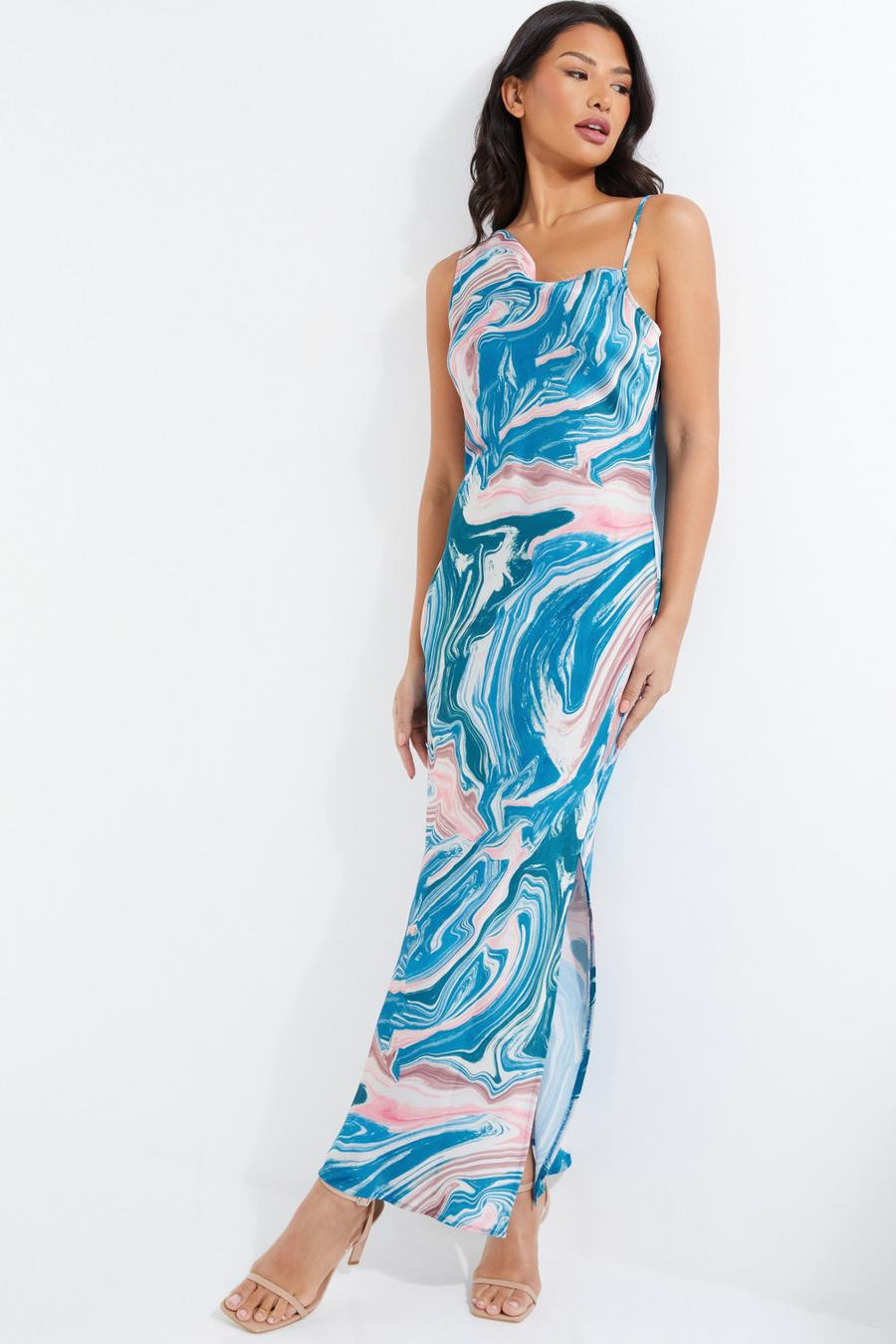 Blue Satin Marble Print Midaxi Dress | Quiz Clothing (UK)
