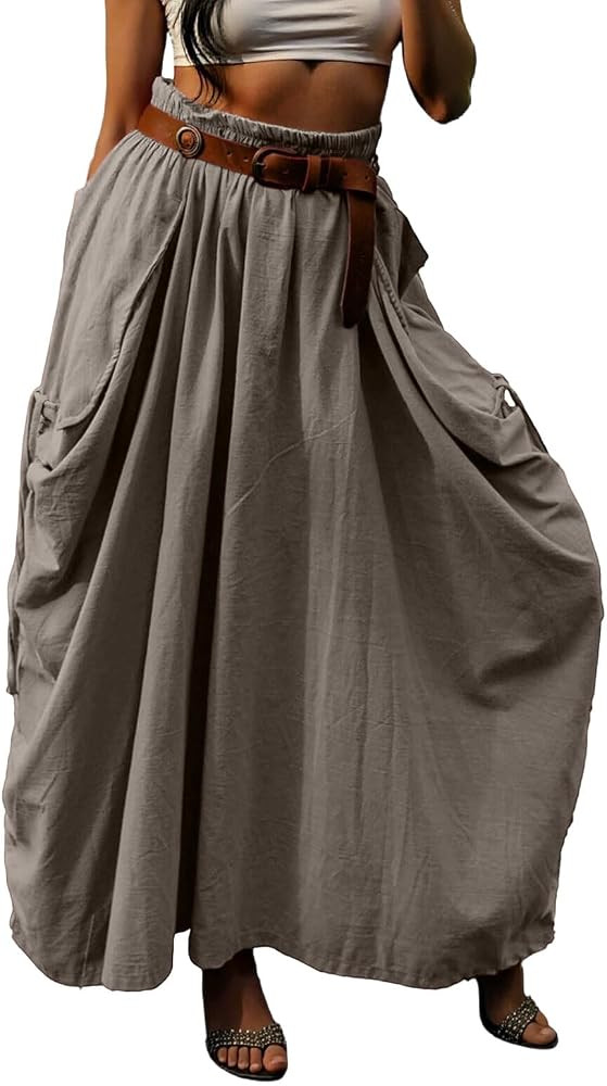 Women's Linen Lantern Maxi Skirt High Waist Summer Casual Loose Fit Boho Long Skirts with Pockets | Amazon (US)
