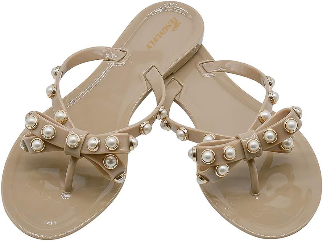 TENGYUFLY Womens Rivets Bowtie Flip Flops Jelly Thong Sandal Rubber Flat Summer Beach Rain Shoes ... | Amazon (US)