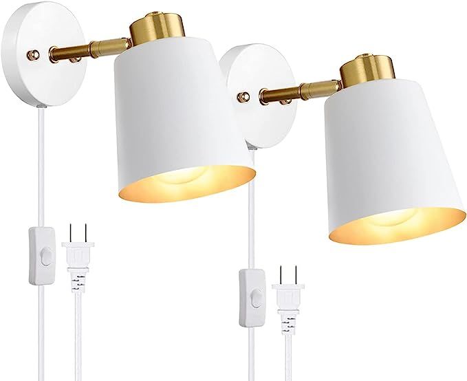 Plug in Wall Sconces Set of 2, Swing Arm Wall Lamp with On/Off Switch Metal White Vintage Industr... | Amazon (US)