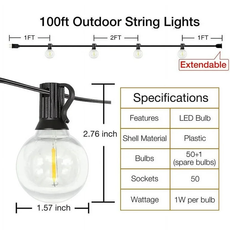 DAYBETTER Outdoor String Lights,100ft,with 50 G40 Edison Vintage Bulbs,Waterproof for Patio Garde... | Walmart (US)