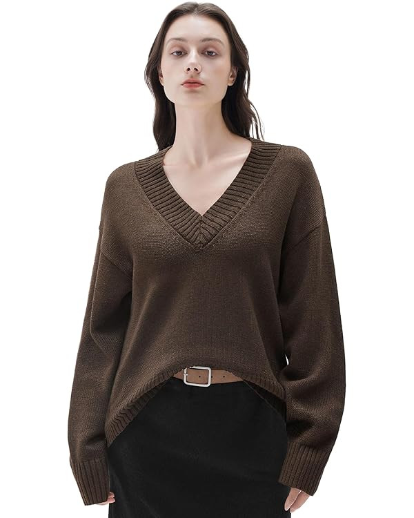 SUUKSESS Women Cashmere Oversized V Neck Pullover Sweaters Long Sleeve Jumpers | Amazon (US)