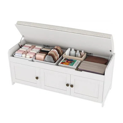 Shoe Storage Bench with Lift Top & Cushioned Seat - 41.3"W Wooden Organizer with Hidden Storage, for Bedroom Hallway Entryway, White | Wayfair North America