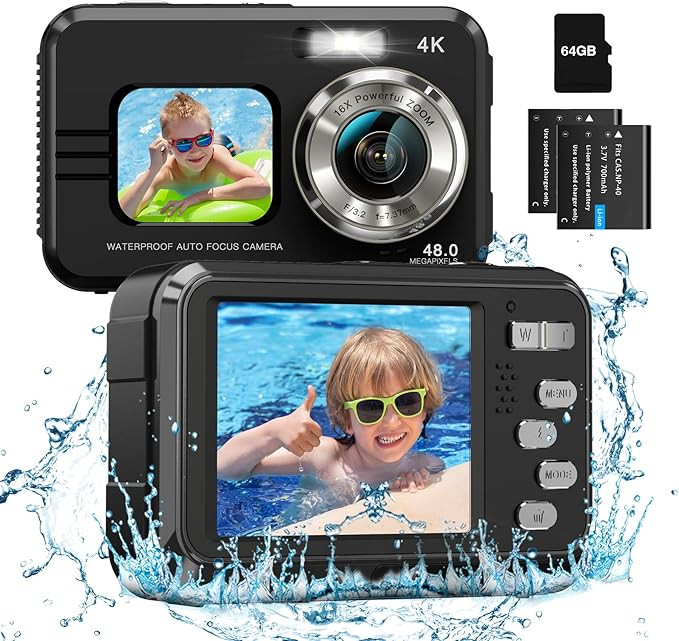 4K Waterproof Camera Underwater Camera 64GB Card Included Dual Screens Selfie 48MP 16X Digital Zo... | Amazon (US)