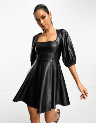 ASOS DESIGN leather look babydoll mini skater dress in black | ASOS (Global)