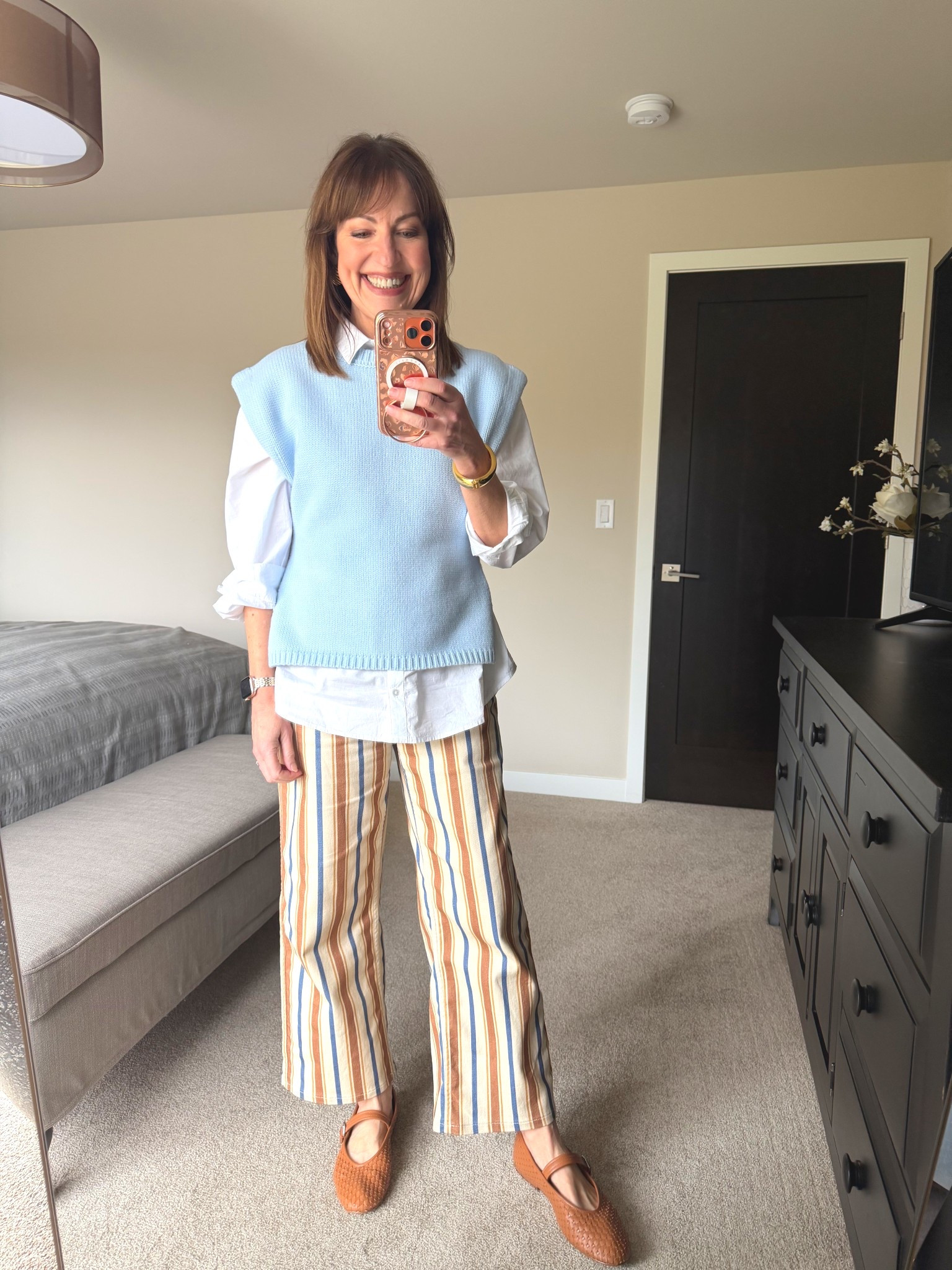 Church outfit! I’m loving my striped jeans even more this season! I linked lots of cute options! 

Zara, sweater vest, white blouse, striped jeans, Sezane, Dolce Vita, brown flats 

#LTKootd #LTKdayinmylife #LTKOver40
