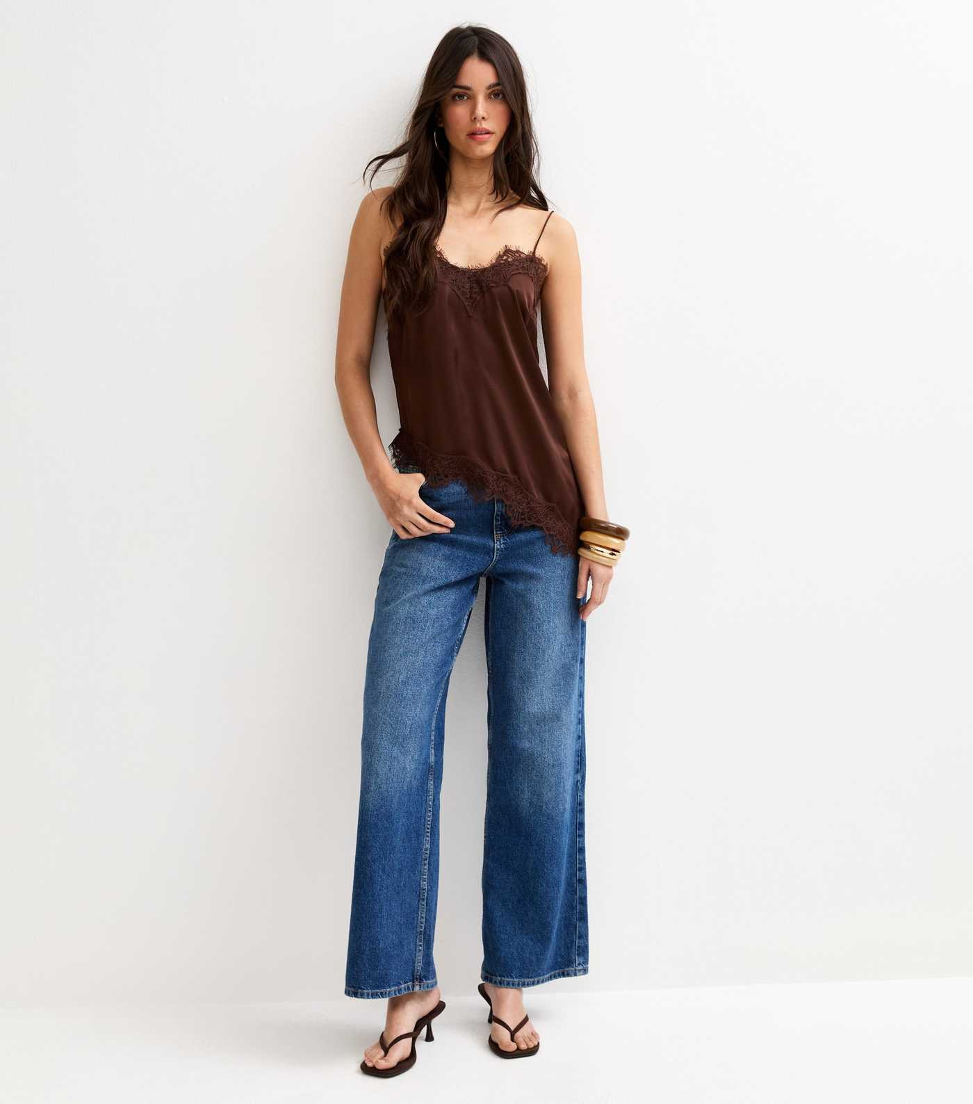 Dark Brown Satin Asymmetric Lace Hem Cami Top | New Look | New Look (UK)