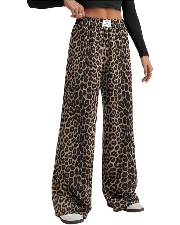Women's Leopard Print Wide Leg Pants Patched Elastic Waist Casual Loose Trousers | Amazon (US)