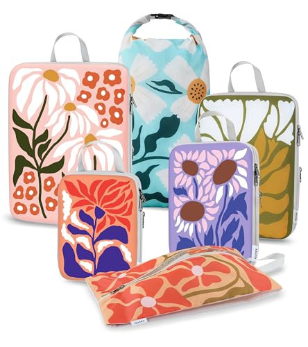 Gonex Compression Packing Cubes, 6pcs Expandable Storage Travel Luggage Bags Organizers with Shoe Bag Laundry Bag, Travel Cubes for Suitcase Carry On (Flowers) | Amazon (US)