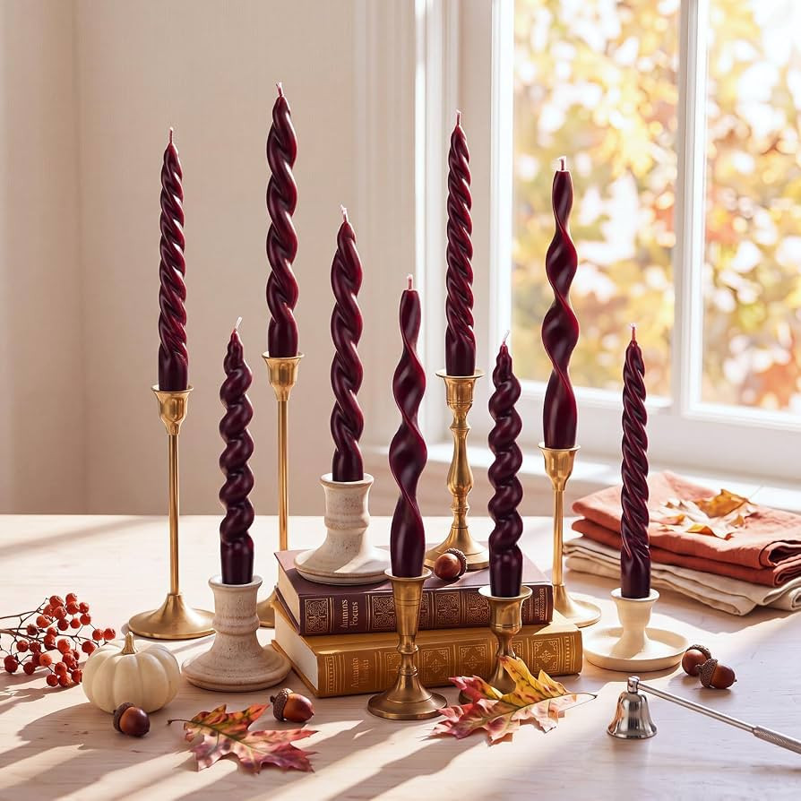 Nuanchu 12 Pcs Burgundy Spiral Taper Candles 7.5" Red Twisted Candlesticks | Amazon (US)