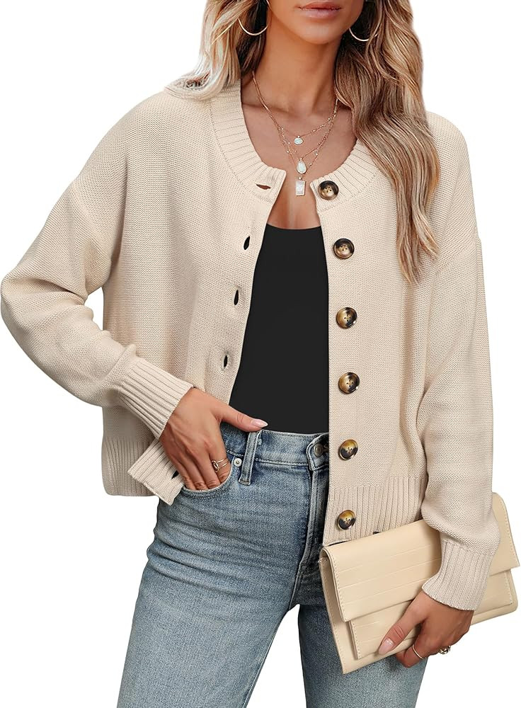 ANRABESS Women Knit Cardigans Sweater Open Front Button Down Long Sleeve Cropped Lady Jacket Outw... | Amazon (US)